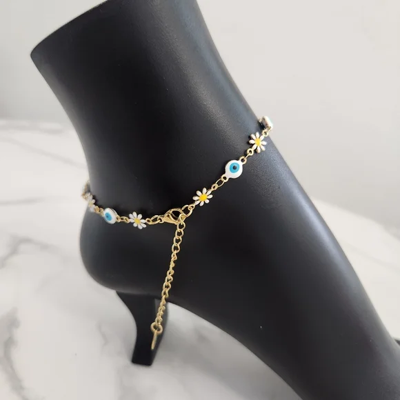 Stainless Steel White Blossom Evil Eye Gold Plated Floral Charm Anklet Bracelet - Picture 9 of 15
